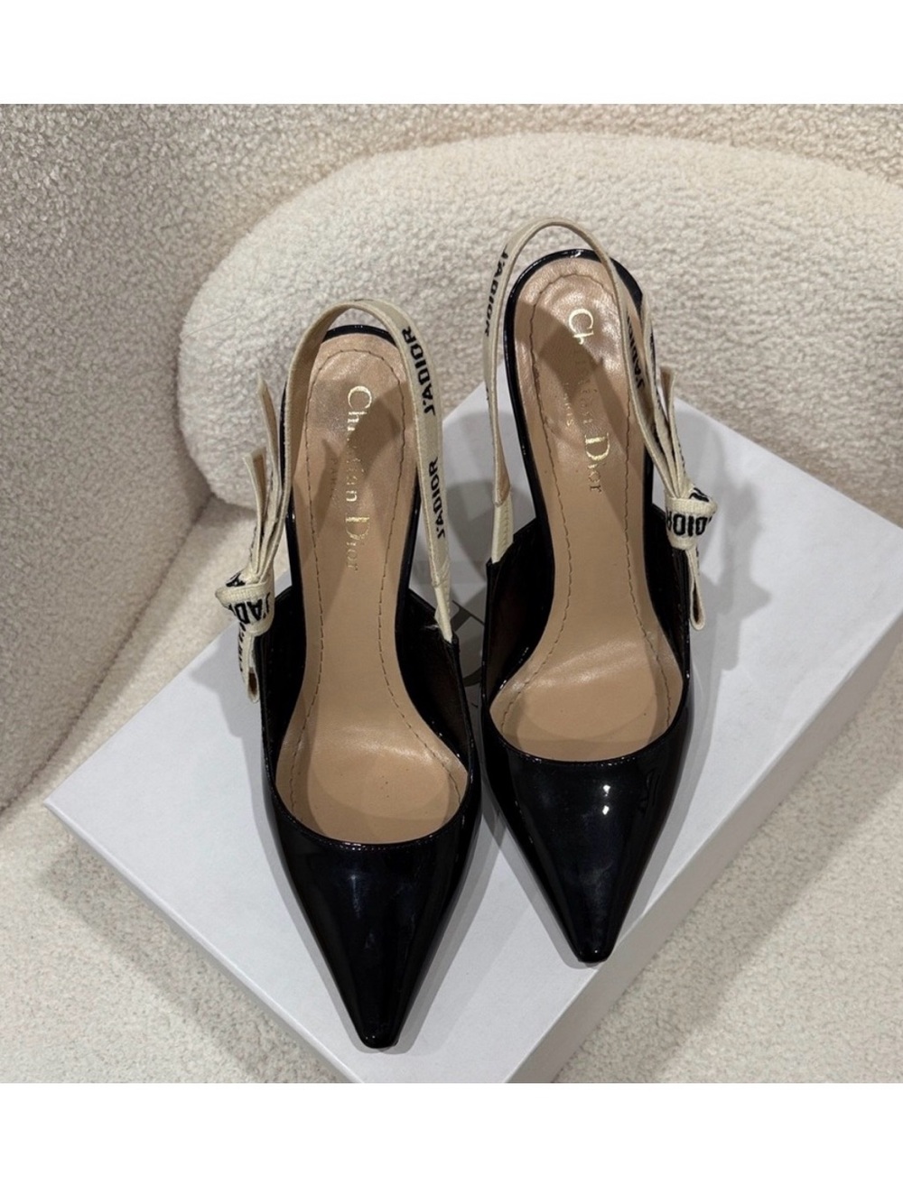 Dior Black Patent J'Adior Slingback Heels with Ivory Logo Ribbon - Picture 3 of 6